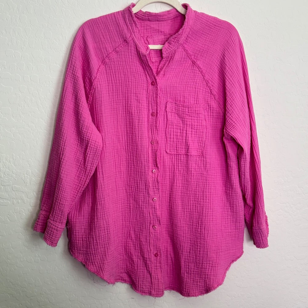 Aerie Womens 100% Cotton Gauze Button Down Shirt Small Pink Raw‎ Edge Boho Beach